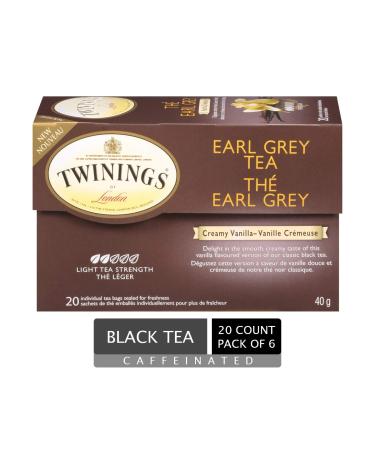 Twinings Earl Grey Creamy Vanilla Individually Wrapped Tea Bags | Black Tea with Vanilla & Bergamot Citrus | 20 Count (Pack of 6) | Enjoy Hot or Iced Earl Grey Creamy Vanilla 20 Count (Pack of 6)