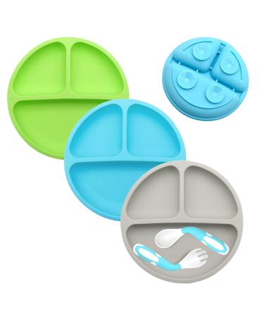 ANTUREBAY Suction Plates for Babies 100% SiliconeToddler Plates Divided Baby Plates Dishwasher & Microwave Friendly Food Grade Silicone Kids Plates with Spoon Fork (Blue Green Gray) Blue green gray Without Lids