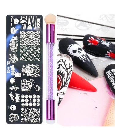 healthGUO Nail Art Stamping Plate Stamper Sponge Pen Halloween Pumpkin Bats Image Nail Polish Template Stamp Stencil Tools Kit 5