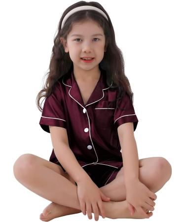 Kids Silk Pyjamas Set | Short Sleeve Satin PJs for Boys & Girls | Button-Down Nightwear in Dark Wine Red | Ages 4-16 - Buy Online on SooperMarket.com