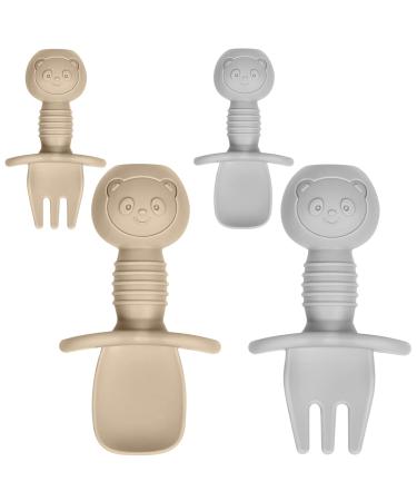 Vicloon Baby Fork and Spoon Set 4Pcs Infant Silicone Self Feeding Utensil Easy Grip Toddler Cutlery Kit Baby Weaning and Feeding Spoons for Infant Children First Led Training Weaning(Gray-Brown)