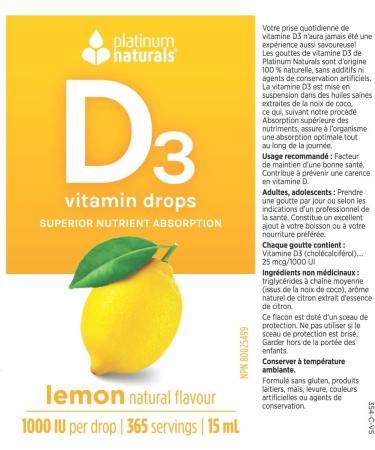 Platinum Naturals - Easy Absorb D3 Drops for Adults - Lemon Flavored 15ml - High Potency Liquid Vitamin D Supplement 1000 IU per Drop - Supports Overall Wellness - Easy-to-Use Dropper - Buy Online on SooperMarket.com
