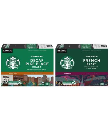 STARBUCKS PIKE PLACE Decaf Roast Medium Roast Ground Coffee K-CUP Pods 24 ct Box & French Roast Dark Roast Coffee Single Serve Keurig K-Cup Pods 24 Capsules