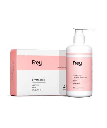 FREY Laundry Set | Concentrated Liquid Detergent & Natural Dryer Sheets | Jasmine Rose White Cedar Scent | Eco-Friendly & Skin-Safe Jasmine Rose White Cedar Fragrance