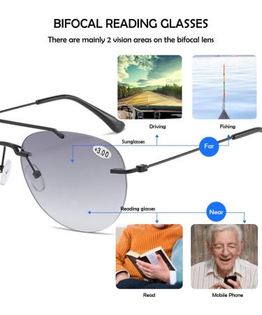 Koosufa Frameless Bifocal Reading Sunglasses for Men & Women - Anti-Blue Light UV Protection Outdoor Reading Aid (1.0 - 4.0 2 Colors) - Buy Online on SooperMarket.com