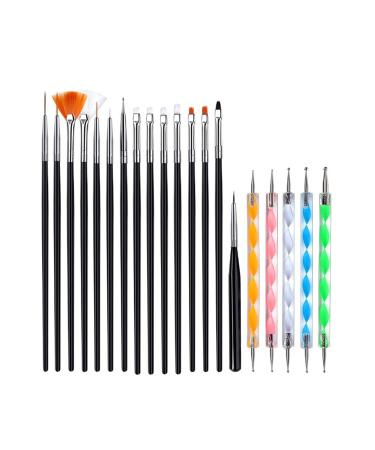 Pinkiou Nail Art Brush Set 15pcs UV Gel Acrylic Nail Art Brushs with 5pcs Nail Dotting Pens for Nail Art Design Painting Salon and DIY Dotting Drawing Painting (Black) 01-0176-black