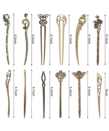 AUHOKY 24Pcs Chinese Women Hair Sticks Vintage Bronze Decorative Hair Pin Chopsticks - 12 Styles Antique Retro Hair Forks DIY Accessory - Buy Online on SooperMarket.com