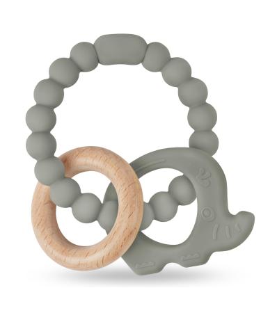 Vicloon Teething Toys for Baby Silicone and Wood Teether Baby Teether Toys Teether Chew Toy Easy to Hold and Clean Up Octopus Teething Toy Silicone chewlery for Boys&Girls (Green-Grey)