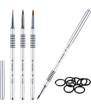 3 Pieces Kolinsky Acrylic Nail Brush 3D Nail Art Brush with Silver Metal with Non-slip Handle (Silver,Size 2, 4, 5) 3 Piece Assortment Silver