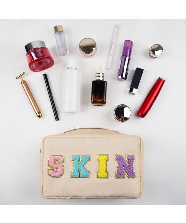 Chenille Letter Nylon Waterproof Makeup Bag for Women - Beige-Skin Travel Organizer Pouch for Toiletries and Cosmetics - Buy Online on SooperMarket.com