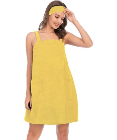 Veseacky Women's Bath Towel with Pocket | Adjustable Bathrobe & Face Band S-3XL | Yellow Medium - Shop Now! - Buy Online on SooperMarket.com