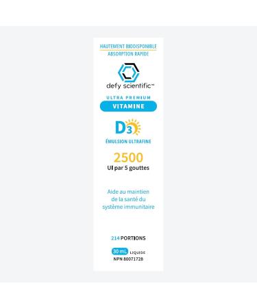 Defy Scientific Ultrafine Emulsion Vitamin D3 2500 IU Liquid (30 mL) Ultra Premium - For Maintenance of Healthy Immune System Bones and Teeth - Gluten and Dairy Free - Buy Online on SooperMarket.com