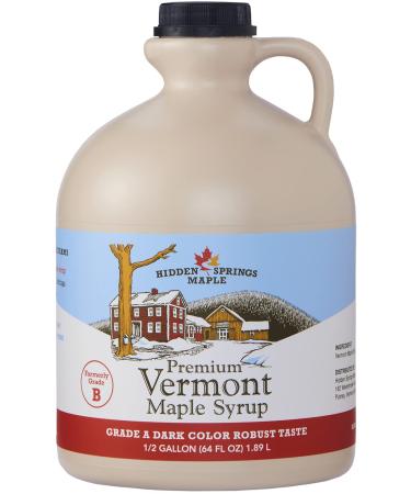 Hidden Springs Maple 100% Natural Vermont Maple Syrup, Grade A Dark Robust (Formerly Grade B), 64 Ounce, 1 Half Gallon, Family Farms, BPA-free Jug