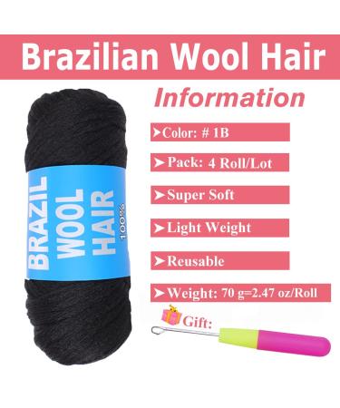 COOKOO 4 Roll Natural Black Brazilian Wool Hair Acrylic Yarn for African Crochet Hair - Jumbo Braids, Senegalese Twists, Faux Locs - 70G/Roll (1B) - Buy Online on SooperMarket.com
