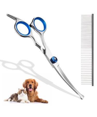 Fell scissors for dogs and cats curved scissors dog cup set professional round grooming scissors pet comb made of robust stainless steel (blue)