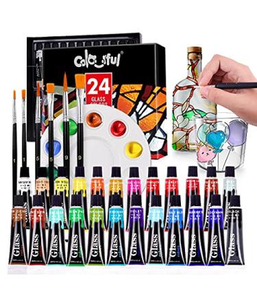 COLORFUL Stain Glass Paint Set with 6 Brushes  1 Palette  2 Canvases  24 Color Waterproof Acrylic Enamel Painting Kit for Kids to Arts on Transparent Wine Glasses  Light Bulbs  Porcelain  Windows and Ceramics 24 Tubes Co...