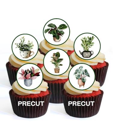 PRECUT Plants Edible Cupcake Toppers - Crazy Plant Lady Theme Premium Thickness SWEETENED VANILLA - wafer card disc cake decorations (Pack of 12)