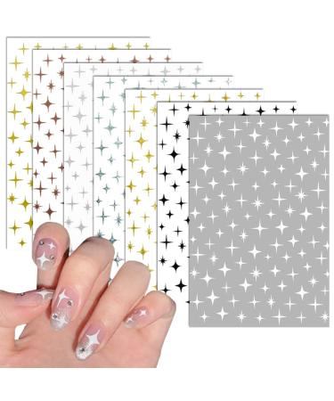 7 Sheets Stars Nail Art Stickers Decals  Nail Supplies 3D Self-Adhesive Nail Decals Metallic Stars Shiny Glitter Gold Silver White Nail Designs Stickers for Acrylic Nails Art Decoration Accessories