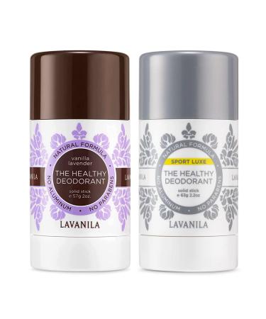 Lavanila Aluminum Free Deodorant Sport Luxe + Vanilla Lavender 2oz Each - The Healthy Deodorant for Men & Women - Solid Stick Vegan Sport Lux + Vanilla Lavender - 2 Pack