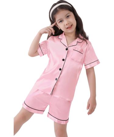 Kids Silk Pyjamas Set | Short Sleeve Satin PJs for Girls Boys | Button-Down Silky Nightwear for Children and Teens | Age 4-16 | Pink - Buy Online on SooperMarket.com