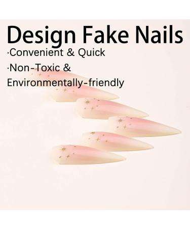 Shop 24Pcs Almond Press on Nails - Long Stiletto Faux Nails Pink Ombre Acrylic with Gold Star Designs - Cute Summer Nails for Women - Buy Online on SooperMarket.com
