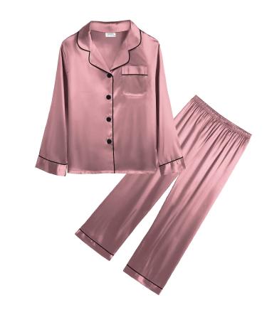SWOMOG Unisex Kids Silk Pyjama Set Girls Boys Satin Pyjamas Long Sleeve Button Down PJs Soft & Silky Sleepwear for Children Baby Teenage 4-5 Years Misty Rose