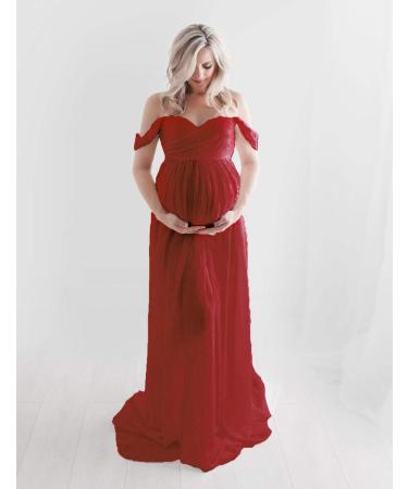 FEOYA Maxi Maternity Dress Chiffon Lace Strapless Gown | Red | Split Front | Photography | Full Length - Buy Online on SooperMarket.com