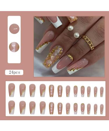 French Tip Press on Nails - Long Gold Foil Square Shape Reusable Gel Nails - 24 Pcs Glossy Nude Stick-On Nails for Women & Girls - Buy Online on SooperMarket.com