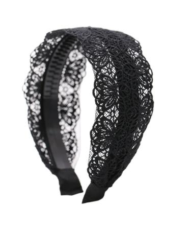 Fashion 2 Inch Wide Lace Headband Hair Band with Teeth for Women and Girls (Black)