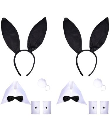 Lezevn 10 Pieces Bunny Costume Set Black Bunny Ears Cosplay Set Rabbit Ear Headband Bow Tie Cuffs Tail for Halloween Cosplay Party