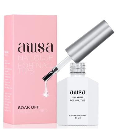 AILLSA Gel Nail Glue for Acrylic Nails, 4 in 1 Super Strong Nail Gel Glue for Fake Nail Tips Curing Needed,13ml High Capacity Long Lasting Brush On Nail Glue for Rhinestone Pearl Foil