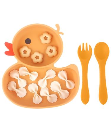 Qshare Baby Suction Plate Silicone Suction Plate Baby with Spoon and Fork Non Slip Self Feeding Training Divided Weaning Plates for Baby Toddler (Yellow)