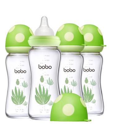 YOHKOH Natural Glass Baby Bottle with Natural Response Nipple Newborn Anti-Colic Baby Bottle Gift Set Wide Neck Mushroom Cap Baby Bottles Clear (8.8oz (Pack of 4) Green) 8.8 Ounce (Pack of 4) Green