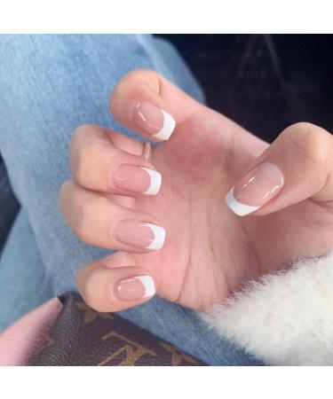 JUSTOTRY 24 Pcs Short False Nails Square White French Press on Nails Pattern Pretty Milky Fake Nails Short with Nail Glue Stick on Nails for Women Squoval Nails Fake Nail for Nails Art french&white1