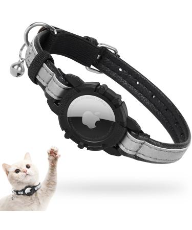 Reflective AirTag Cat Collar, FEEYAR Integrated Apple Air Tag Cat Collar, Leather GPS Cat Collar with AirTag Holder and Bell Blue, Tracker Cat Collars for Girl Boy Cats, Kittens and Puppies 7-9 Inch Black
