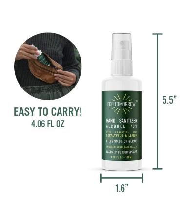 Vegan Hand Sanitizer Spray | EcoTomorrow | Kills 99.9% of Germs | Natural Formula with Essential Oils | Eucalyptus & Lemon | 4.06oz Bottle - Buy Online on SooperMarket.com