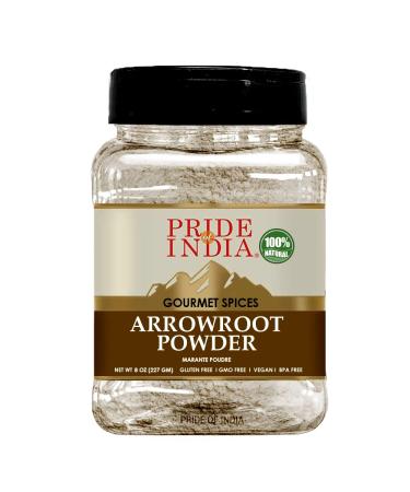 Pride of India  Natural Arrowroot Ground Powder  Baking & Thickening Agent  Gluten & GMO Free  Good for Sauces, Fritters & Fries  Easy to Use  8 oz. Medium Dual Sifter Jar