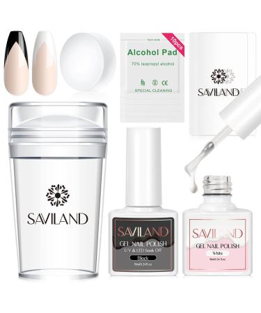 Saviland French Tip Nail Stamper Kit Jelly Silicone Nail Art Stamper and 2PCS Black+White Nail Stamping Gel Polish with Nail Scraper Nail Art Tools French Manicure Kit for DIY French Nails 4B-Black+White