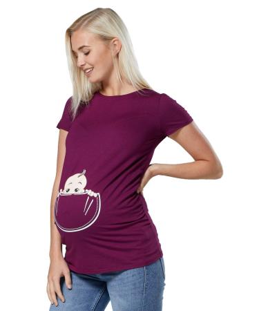 HAPPY MAMA. Women's Maternity Baby in Pocket Print T-Shirt Top Tee Shirt. 501p 18-20 Plum