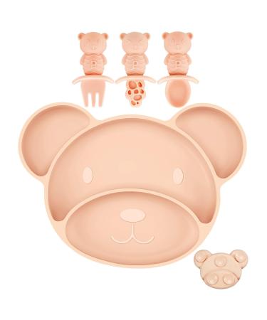PandaEar Silicone Suction Plate Spoon and Fork for Self-Feeding Divided Toddler Plate 100% Silicone Baby Food Plate BPA Free Dishwasher Microwave Safe Bear Shape (Pink)