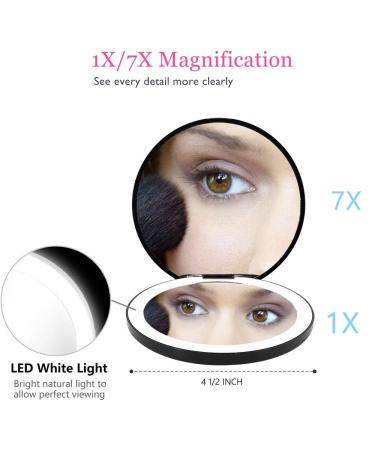 Portable Lighted LED Makeup Mirror 7X/1X Magnification | USB Rechargeable Compact Vanity Mirror with Dimmable Lights - Black - Buy Online on SooperMarket.com
