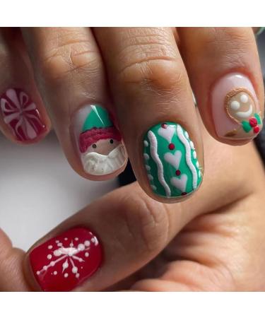 Brishow Christmas False Nails Snow Press on Nails Christmas Tree Stick on Nails Antler Short Red Fake Nails 24pcs for Women and Girls (g)