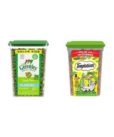 FELINE GREENIES Natural Dental Cat Treats (Catnip Flavour) + TEMPTATIONS MixUps Adult Cat Treats (Chicken Catnip & Cheddar Flavour) Cat Treats + Cat Treats Catnip 277 g (Pack of 1)