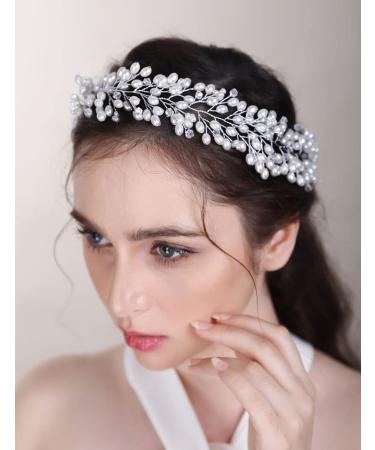Chargances Bridal Long Pearl Hair Vine Wedding Silver Rhinestone Headband Fashion Bride Crystal Hair Vine Wedding Prom Flower Girl Hair Accessories for Women and Girls (Silver)