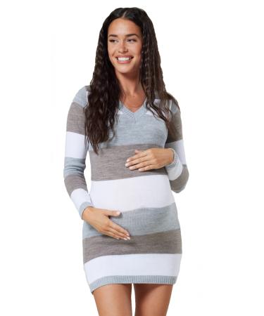 HAPPY MAMA Women's Maternity Stretch Knit Colour Block Jumper Dress Stripes 405p 12-14 Cappuccino Melange