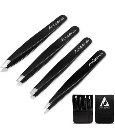 Avizona Set of 4 Precision Tweezers for Facial Hair - Professional Eyebrow Tweezers for Women & Men - Black Color Coated - Includes Leather Pouch - Buy Online on SooperMarket.com