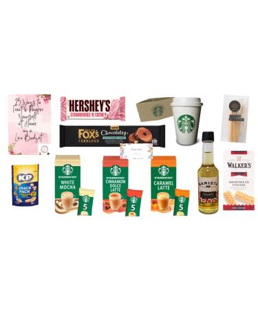 Starbucks Instant Coffee Gift Box- Compatible For Lovers Of Starbucks| Starbucks White Mocha Cinnamon Dolce Latte & Caramel Latte Flavour| Coffee Cup Sleeves Stirrers|Snacks & Pamper Guide