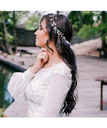 EASEDAILY Silver Leaf Flower Bride Wedding Hair Vine with Pearl Accents - 15.7inch Headpiece for Women and Girls - Buy Online on SooperMarket.com