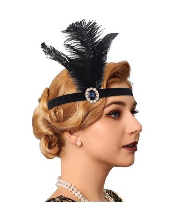 Handcess 1920s Feather Flapper Headband Black Feather Crystal Headband Women's Vintage Flapper Headpiece 20's Theme Cocktail Hair Accessories for Costume Prom Carnival Theme Party