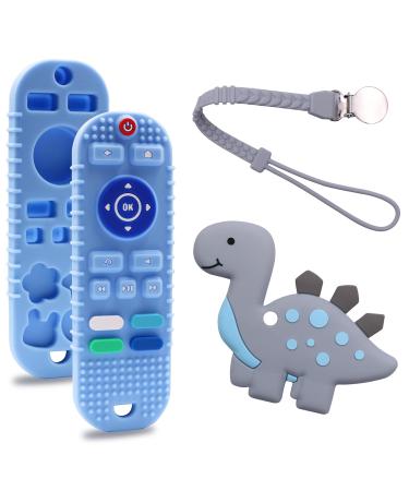 Baby Teether Toys 2 Pack Teething Remote Control and Dinosaur Chew Toys with Clips for Babies 0-6 6-12 Months Silicone Teethers for Boys and Girls Reduce Teething Gum Discomfort for Toddler Infant